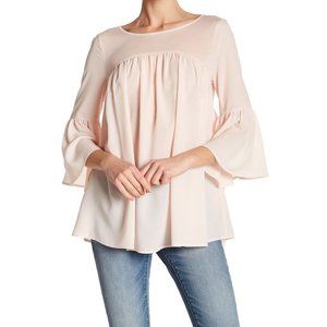 FRENCH CONNECTION Chiffon Pleated Bell Sleeve Blouse  Flared Top Capri Blush XS